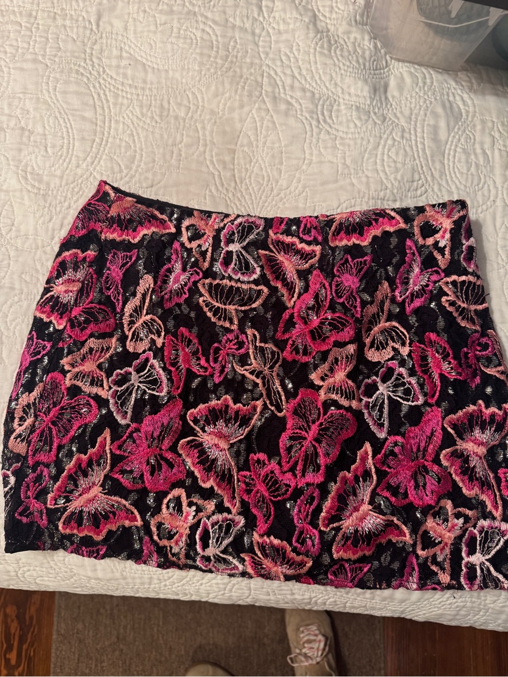 Lovers + Friends Black Mini Skirt with Pink Floral Embroidery